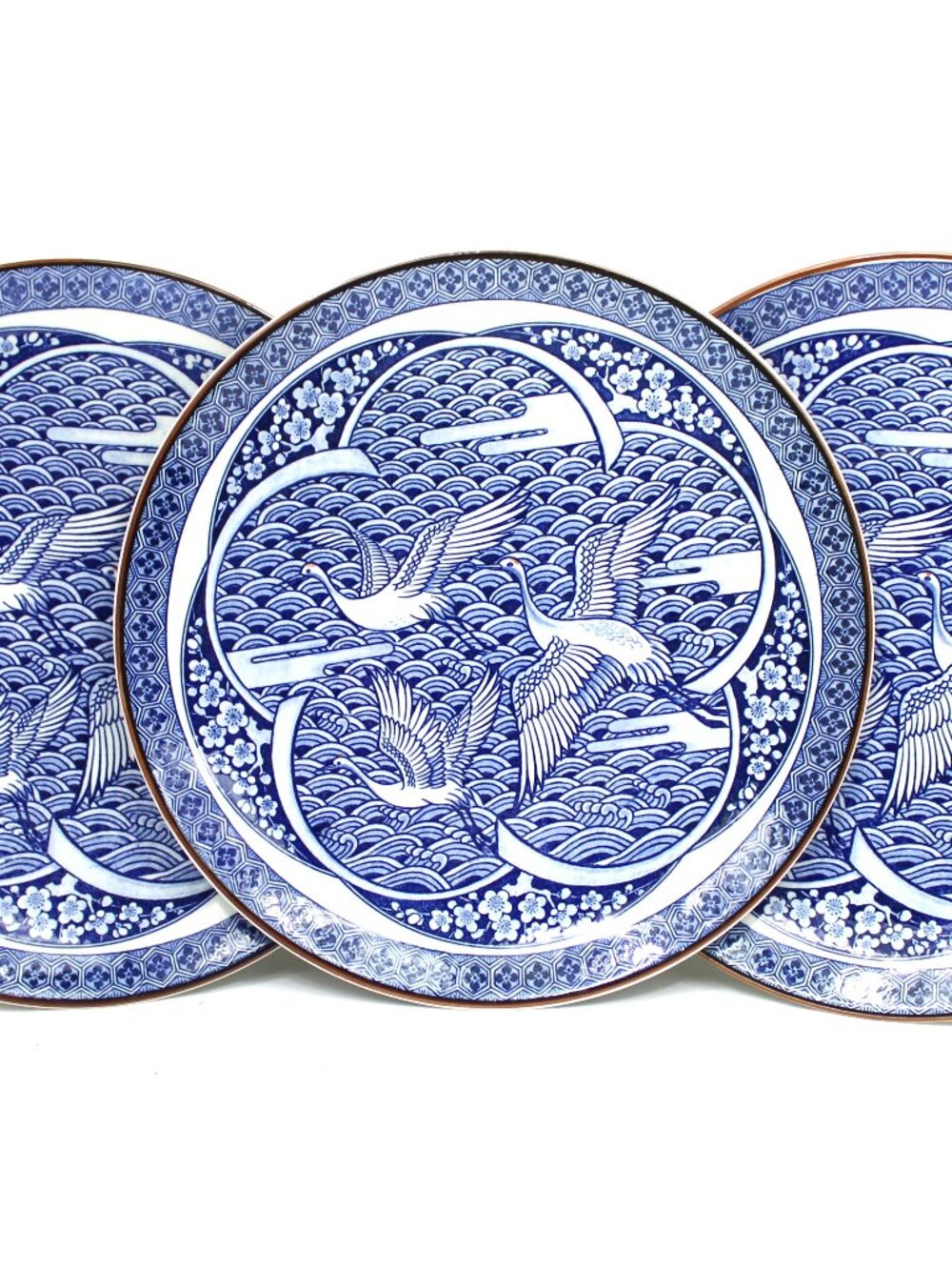 TSURU FLYING CRANES PLATES SOMETSUKE BLUE & WHITE CHINOISERIE VINTAGE 10.5"